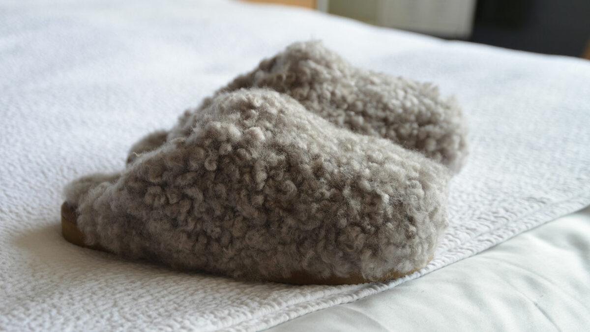 curly sheepskin open heel slippers in taupe