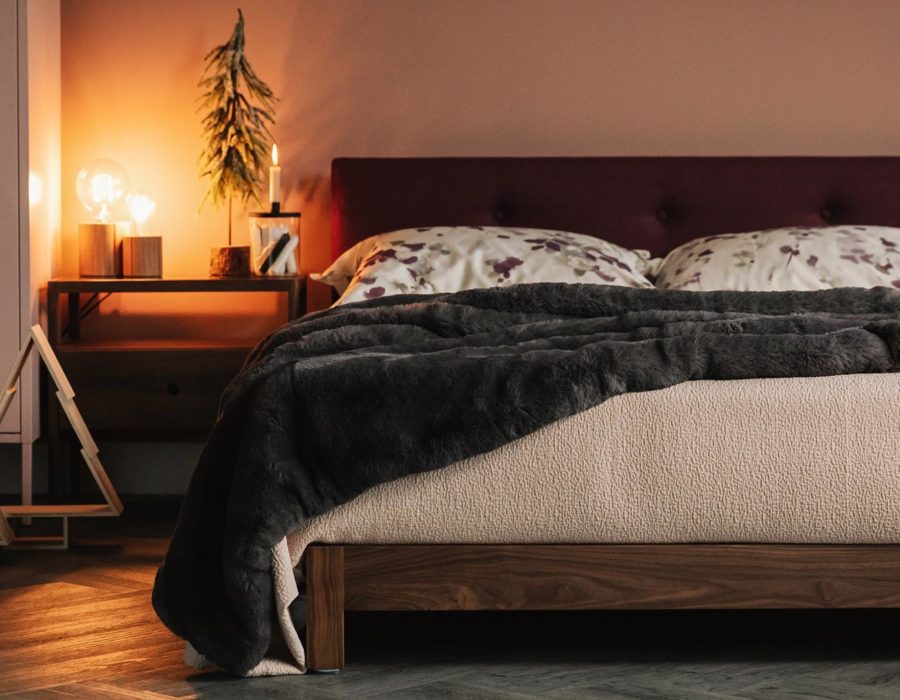 dapple bedspread on walnut and plum iona bed