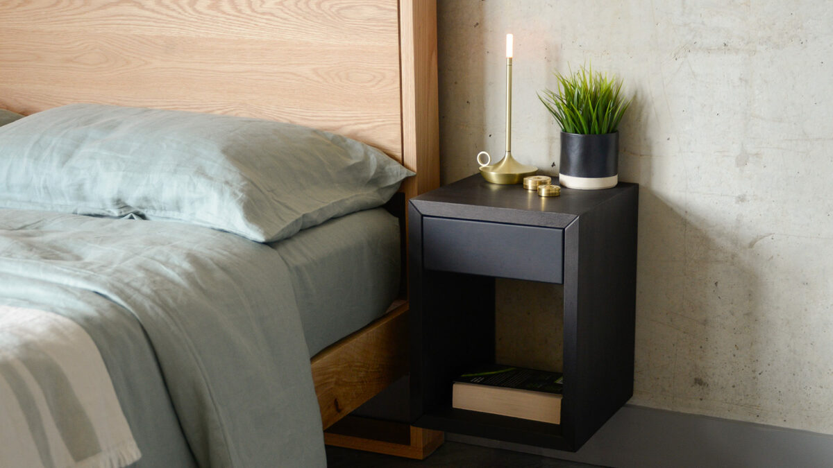 dark birch wall mounted small cube table with oak leith and sage linen