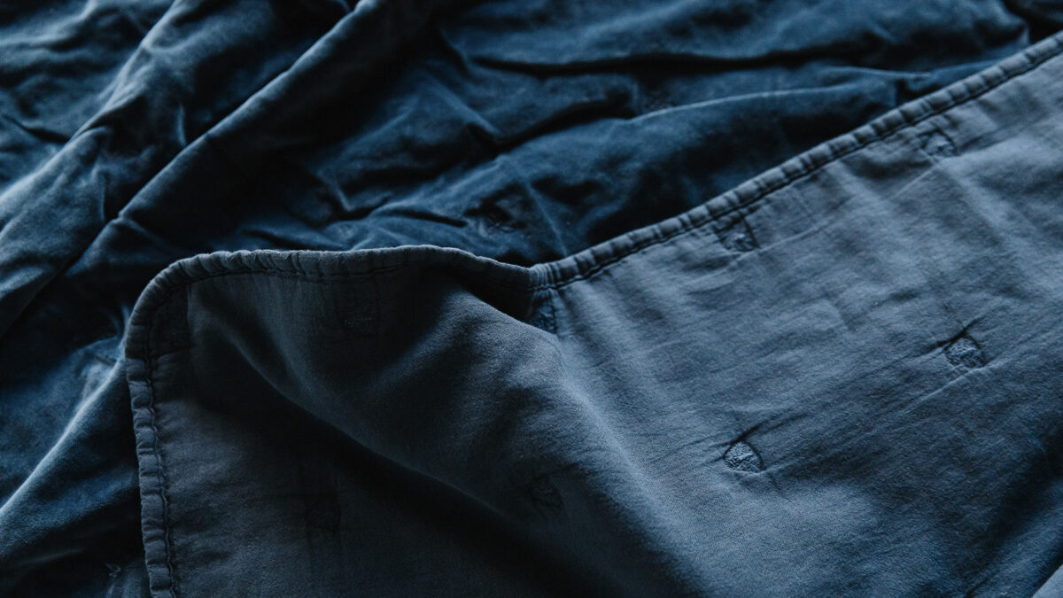 a detail view of the bee motif Embroidered blue Velvet Bedspread