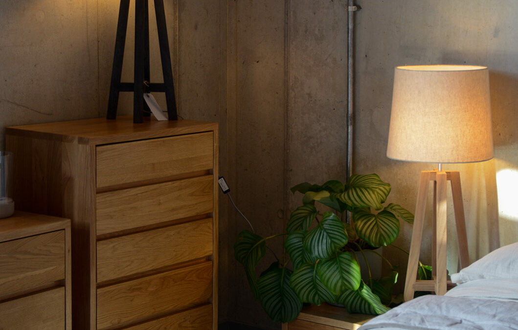dark cross lamp base with small sahde and natural cross lamp base with large shade