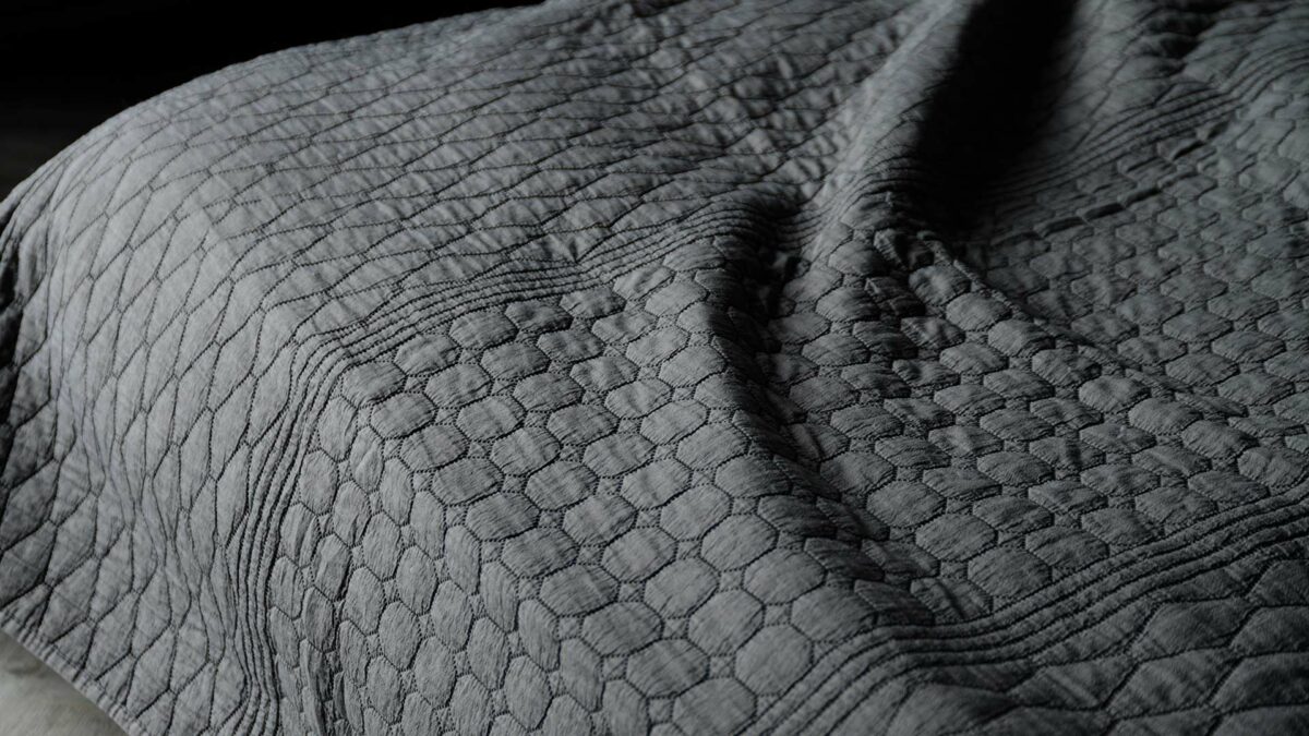 dark grey embroidered bedspread detail