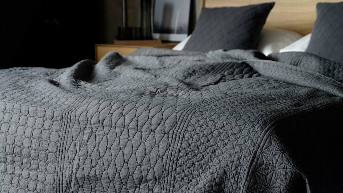 dark grey embroidered bedspread pattern detail