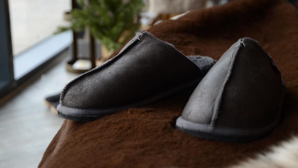 Dark grey sheepskin mule style slippers