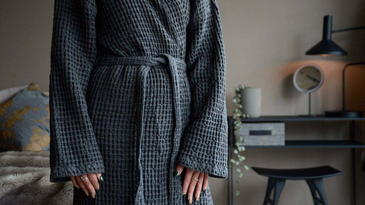 unisex waffle weave cotton robe in charcoal grey