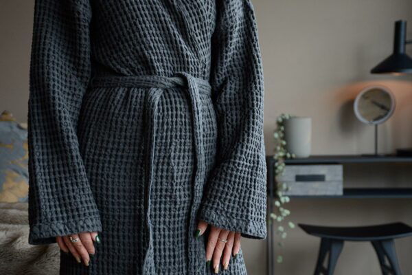 unisex waffle weave cotton robe in charcoal grey