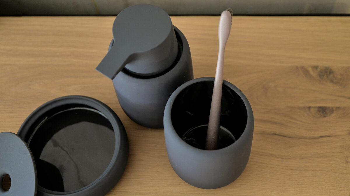 dark grey soft touch bathroom accessories from above