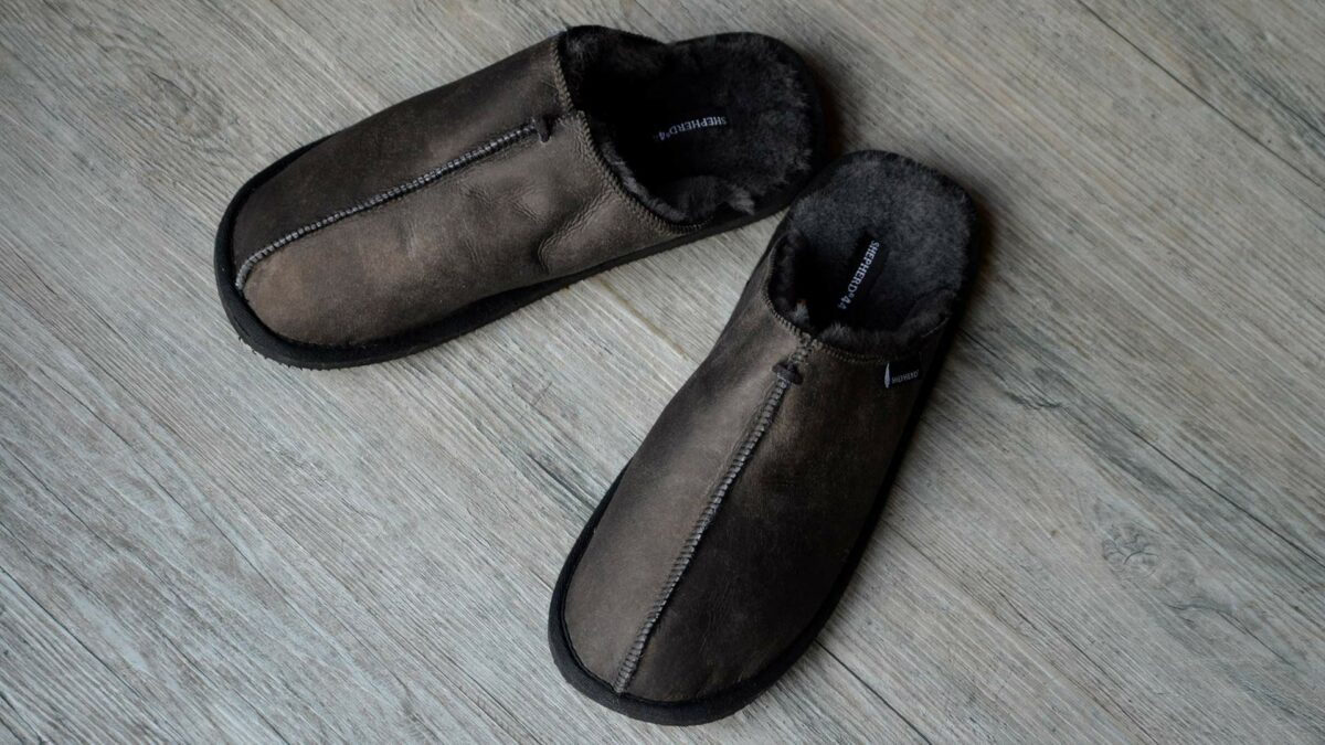 dark brown open heel sheepskin slippers