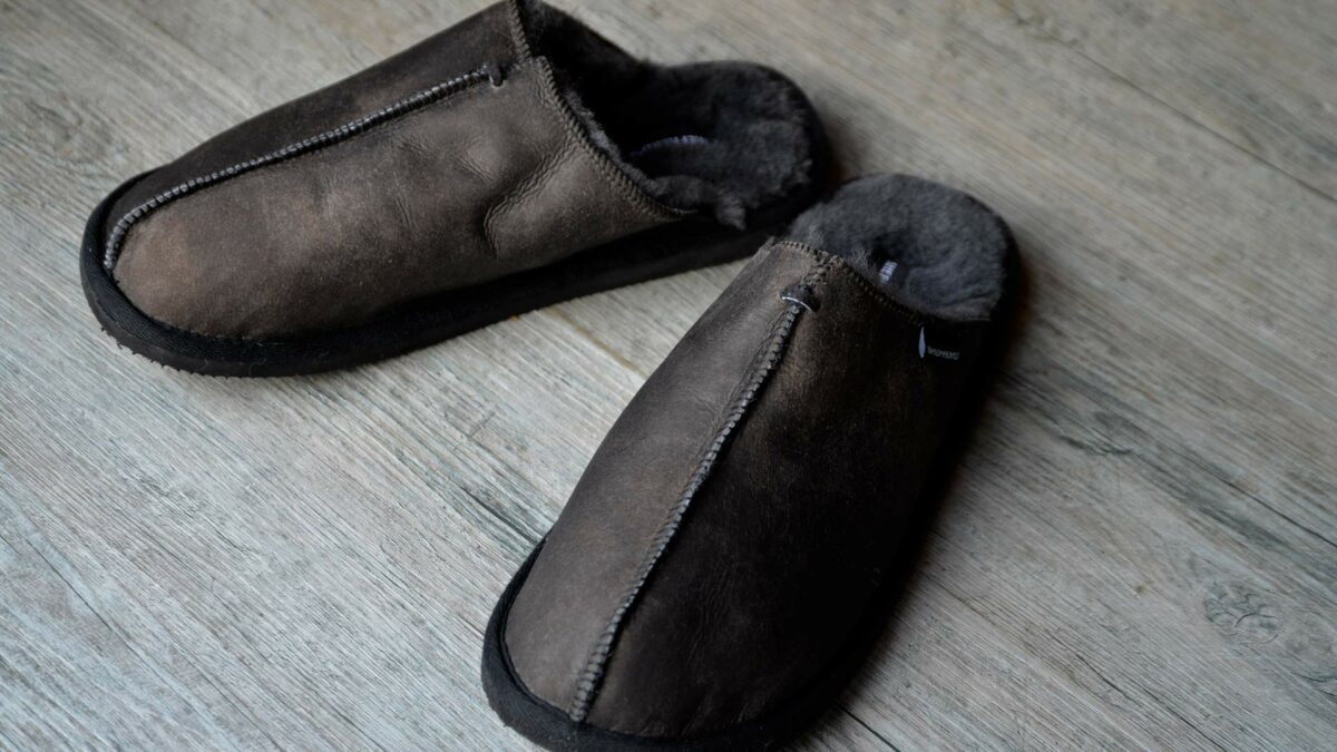 dark brown slip-on sheepskin slippers with open heel