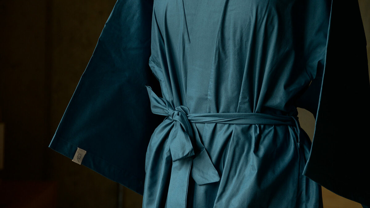 dark teal cotton robe with kimono sleeves