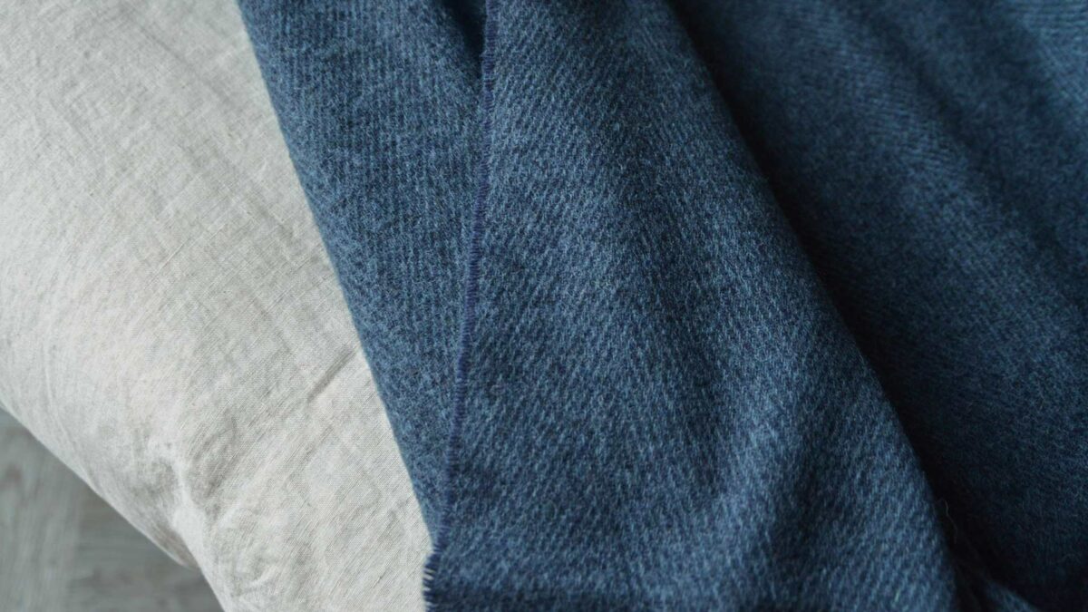 Denim blue herringbone weave pure wool throw