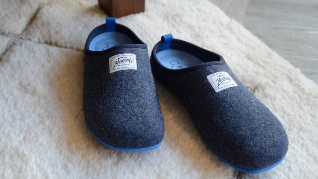 felt effect soft Blue slippers made from recycled plastic and with natural rubber soles