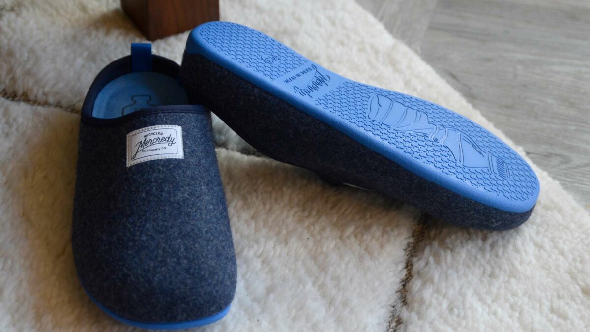 Blue felt look recycled slippers with natural rubber soles