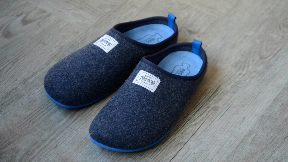 deep blue slippers with bright blue soles