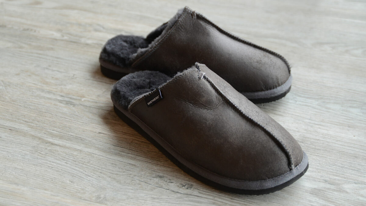 deep burnished brown and charcoal slippers