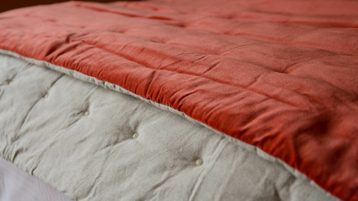 deep coral velvet quilt with linen back