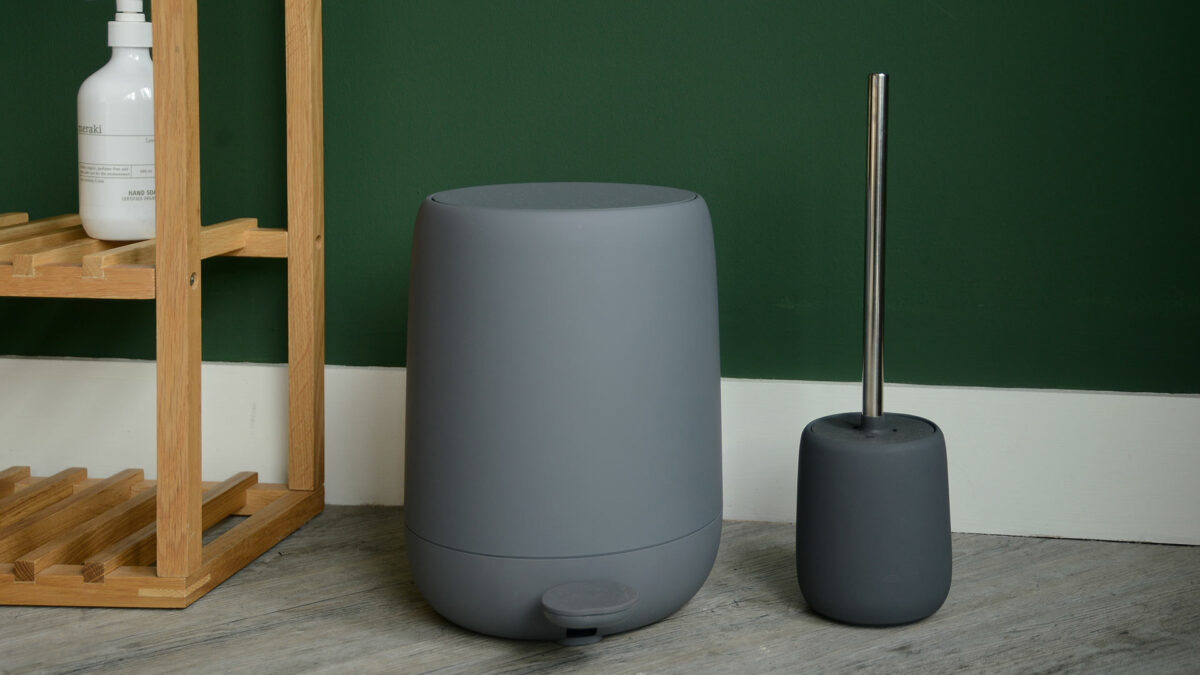 soft touch bathroom bin and toilet brush set in dark grey
