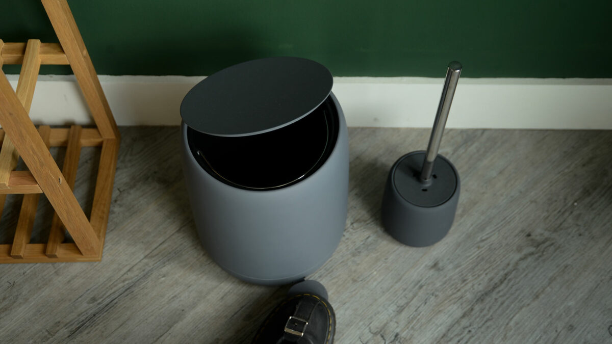 soft touch bathroom bin and toilet brush set in dark grey