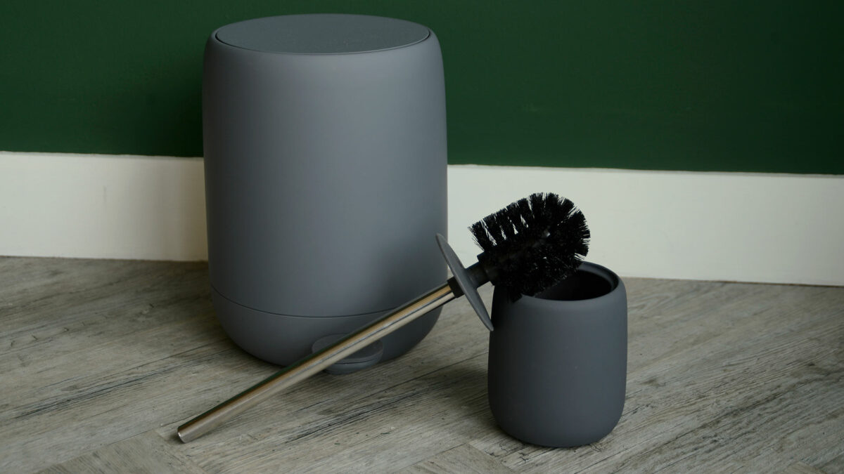 soft touch bathroom bin and toilet brush set in dark grey