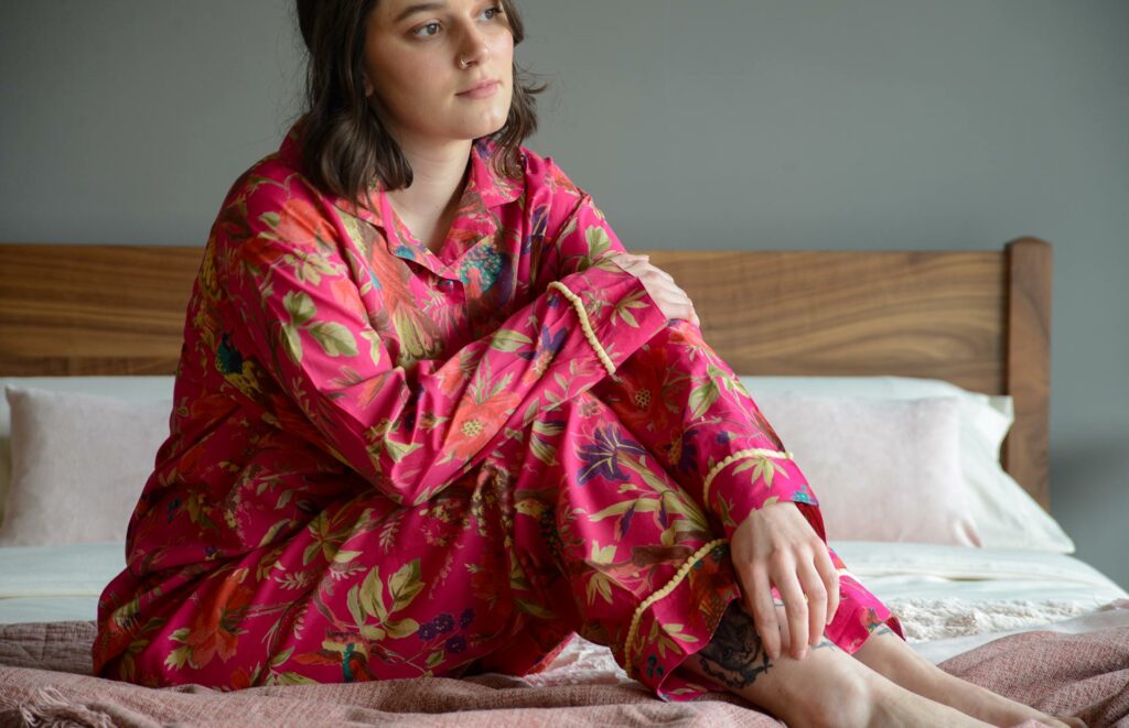 deep pink chinoiserie print cotton pjs