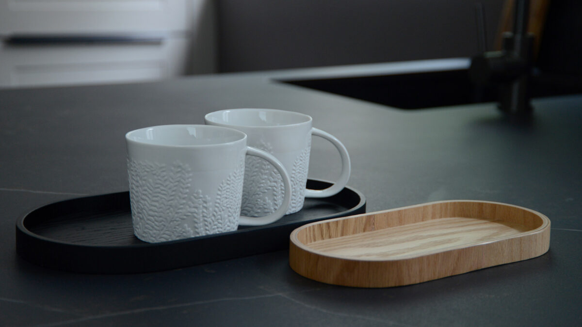 deep oak trays with porcelain mugs