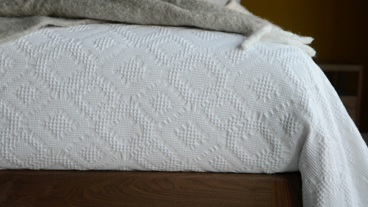 white lace-look waffle design duvet cover set shown close up