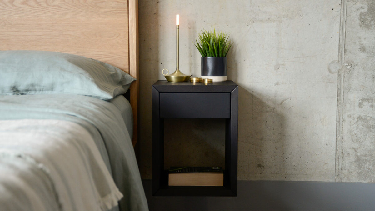 wall hung or floor standing wooden bedside table in dark birch finish