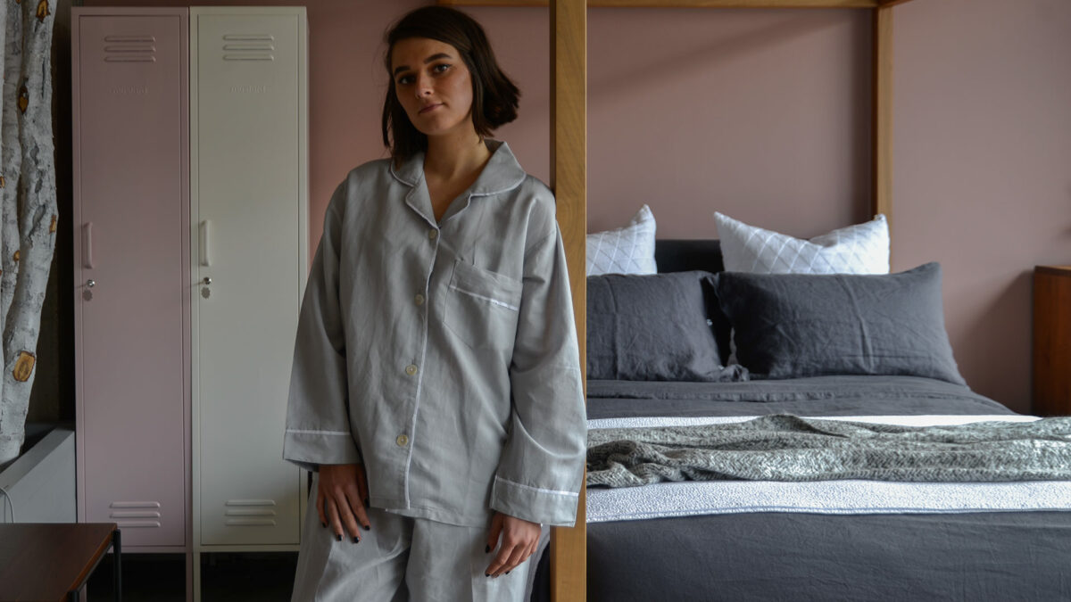 dove grey linen pjs with white edging