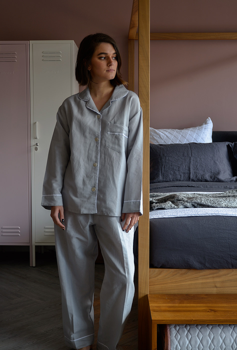 Linen Blend Pyjamas - Grey, Luxury Nightwear