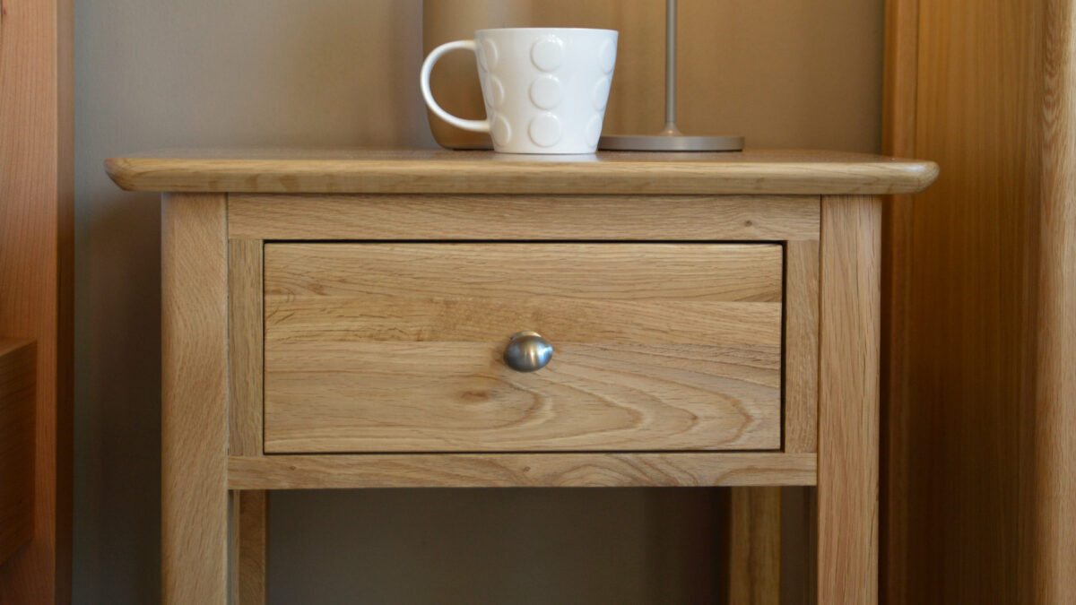 traditional style oak bedside table with drawer and open shelf