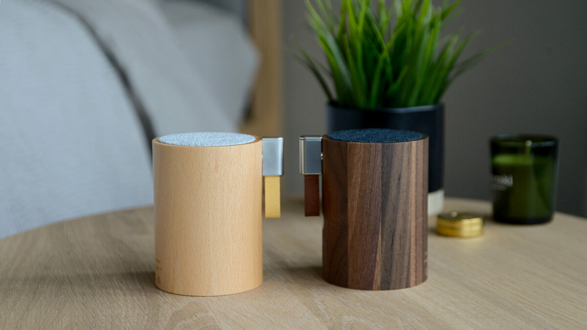 drum speakers in beech and walnut
