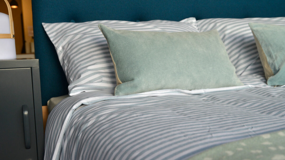duck egg and white striped cotton bedding