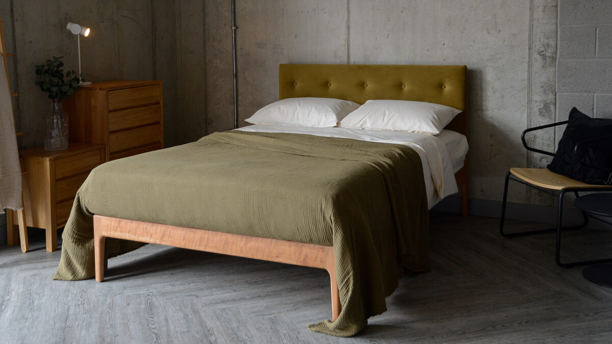 eco velvet upholstered headboard bed bloomsbury with olive bedding