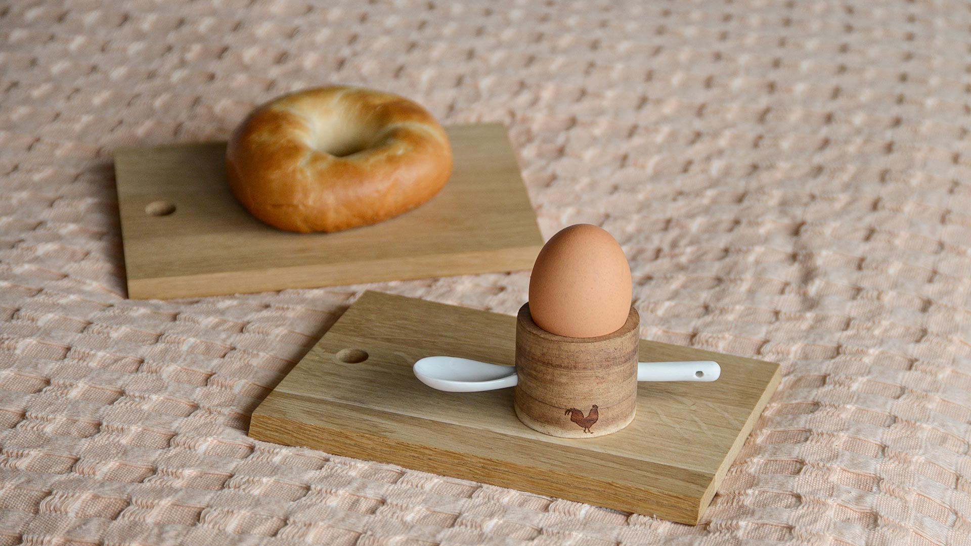 wooden egg cup with porcelain spoon set