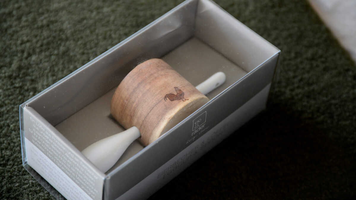 boxed wooden egg cup with porcelain spoon