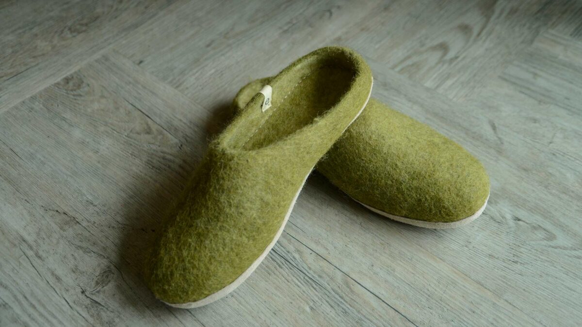 felted New Zealand wool slippers in moss green