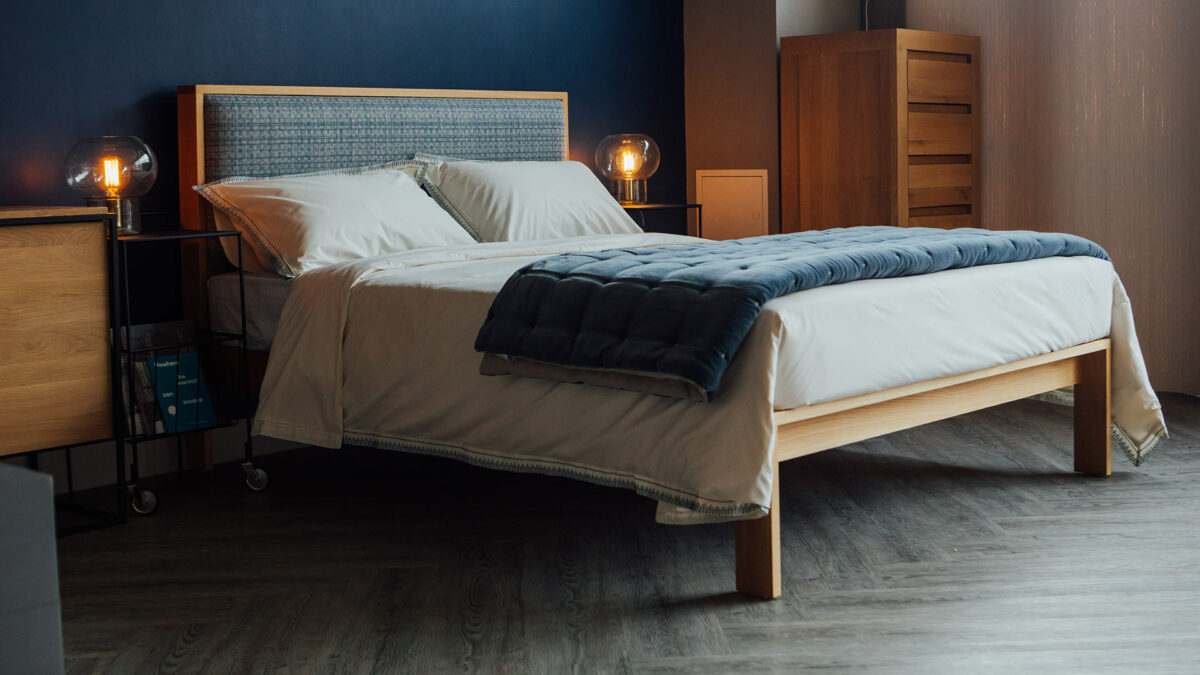 embroidered duvet set side on Shetland bed