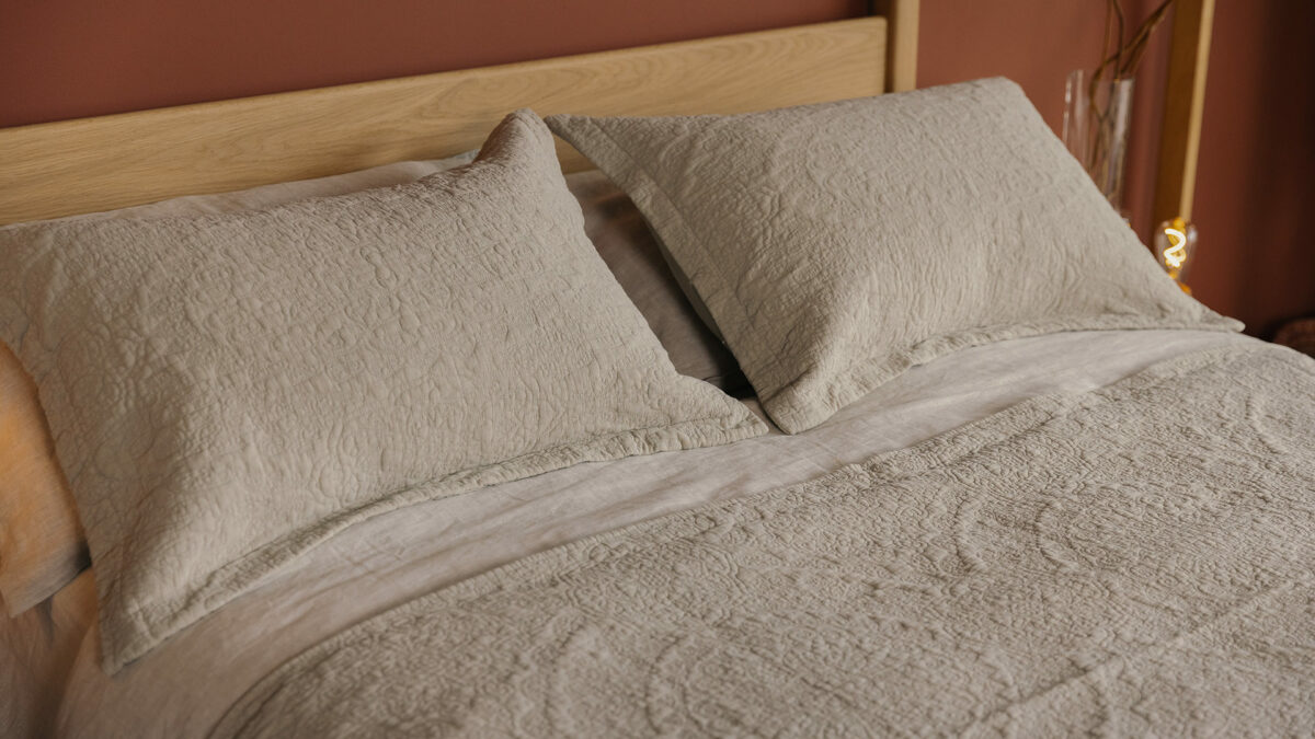 embroidered quilt and pillowcase set stone