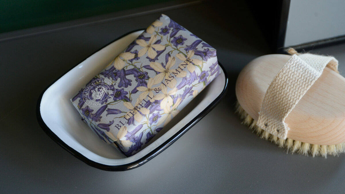 enamel soap dish shown with soap