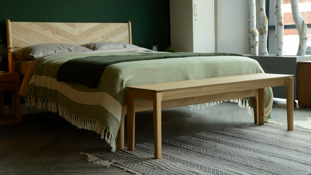 solid oak bench or end of bed table shown with our Hoxton bed