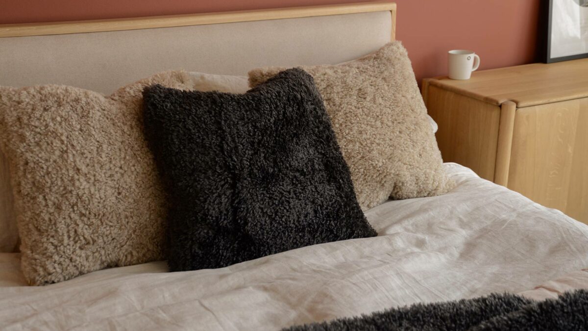 faux fur cushions dark chocolate and warm pebble