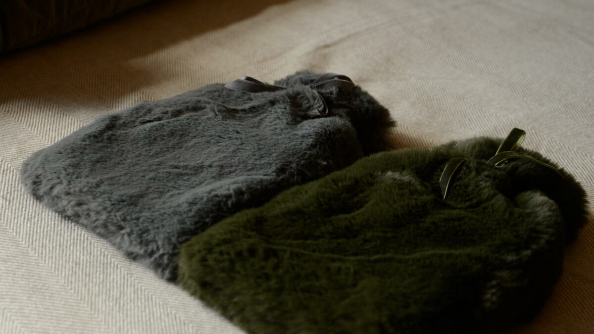 softest luxury faux fur hotwater bottles in charcoal grey and olive green