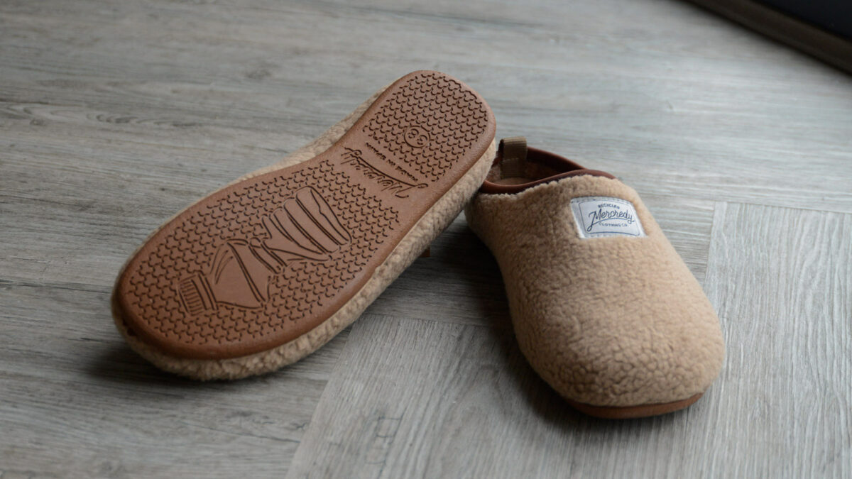 beige sheepskin look slippers with soles sustainably made from recycled bottles