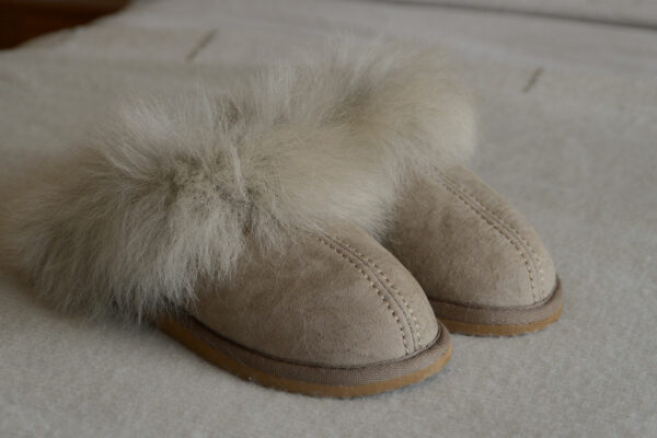 luxury fluffy sheepskin slippers in taupe