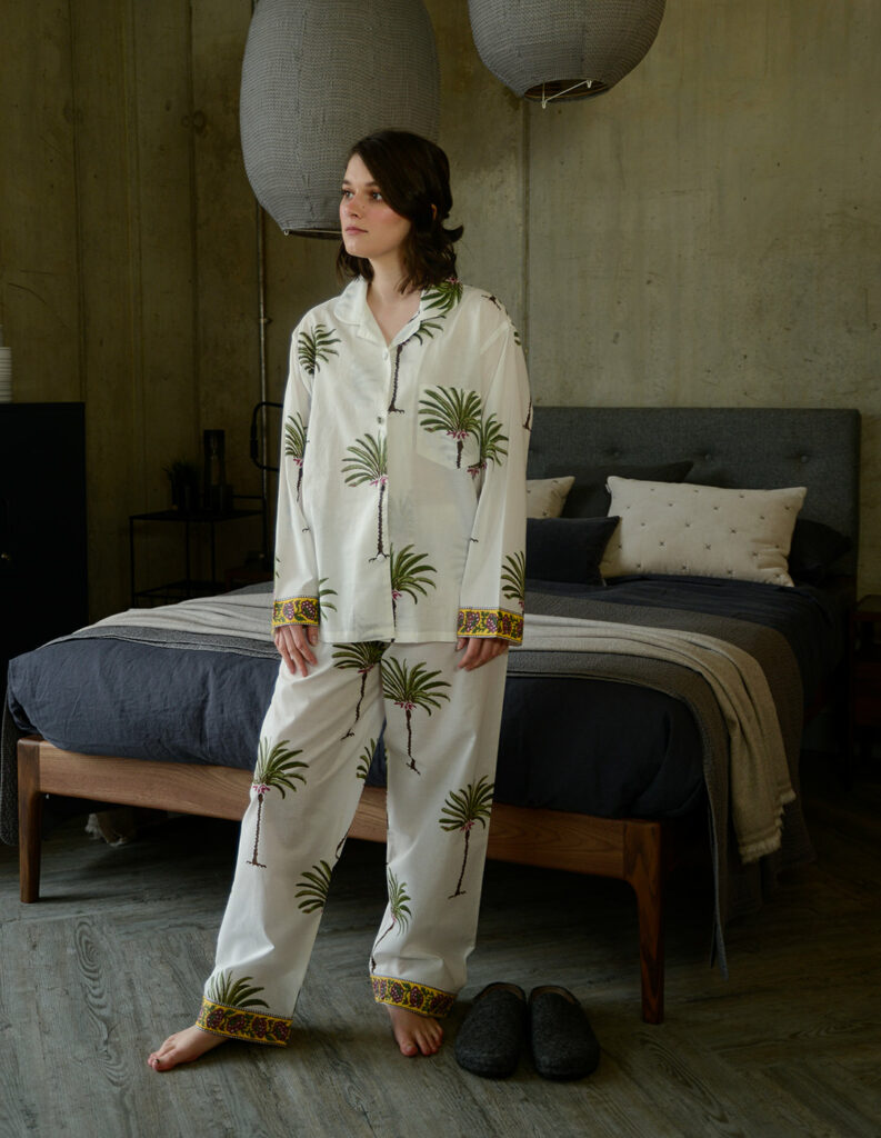 palm tree print light cotton pyjamas with block-print cuff detail