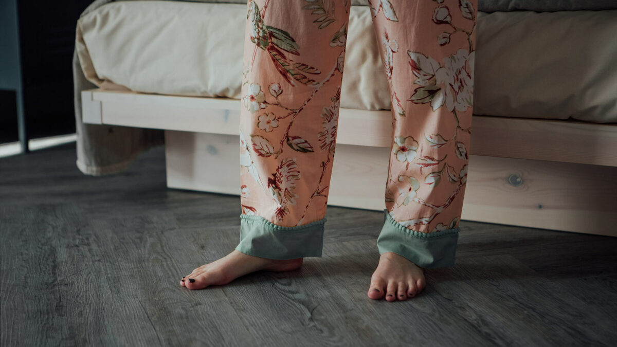 A closer view of the floral cotton pj bottoms with pompom edge contrast cuff