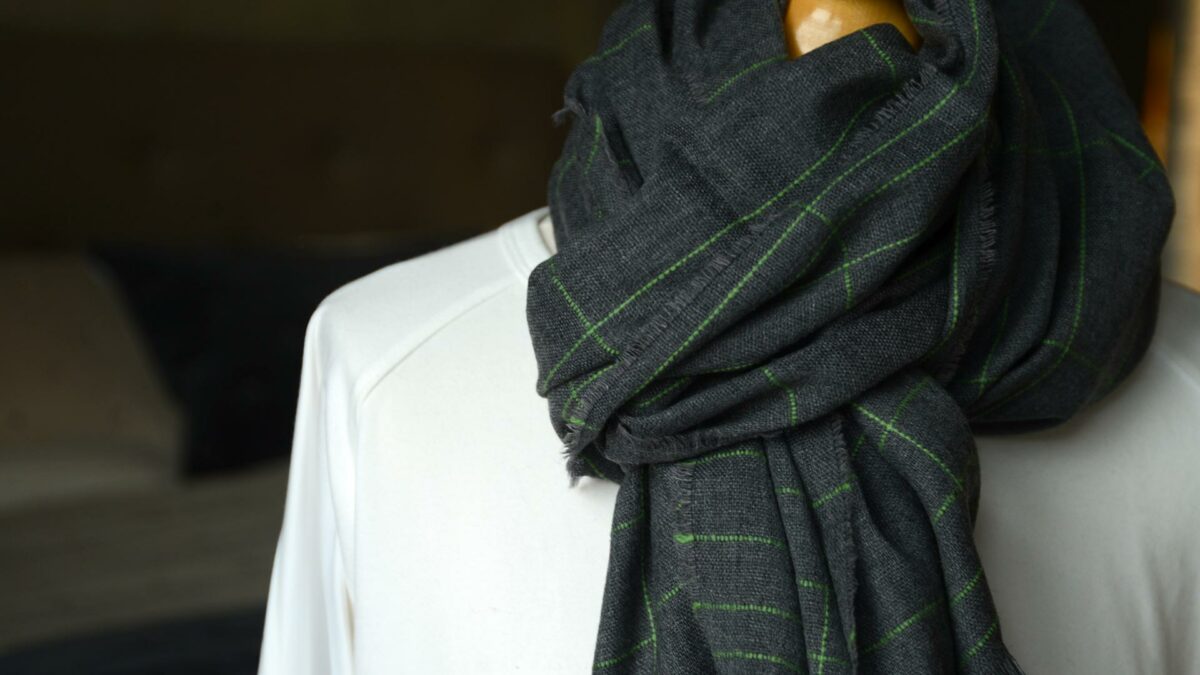 fine grey cashmere scarf with lime green pattern