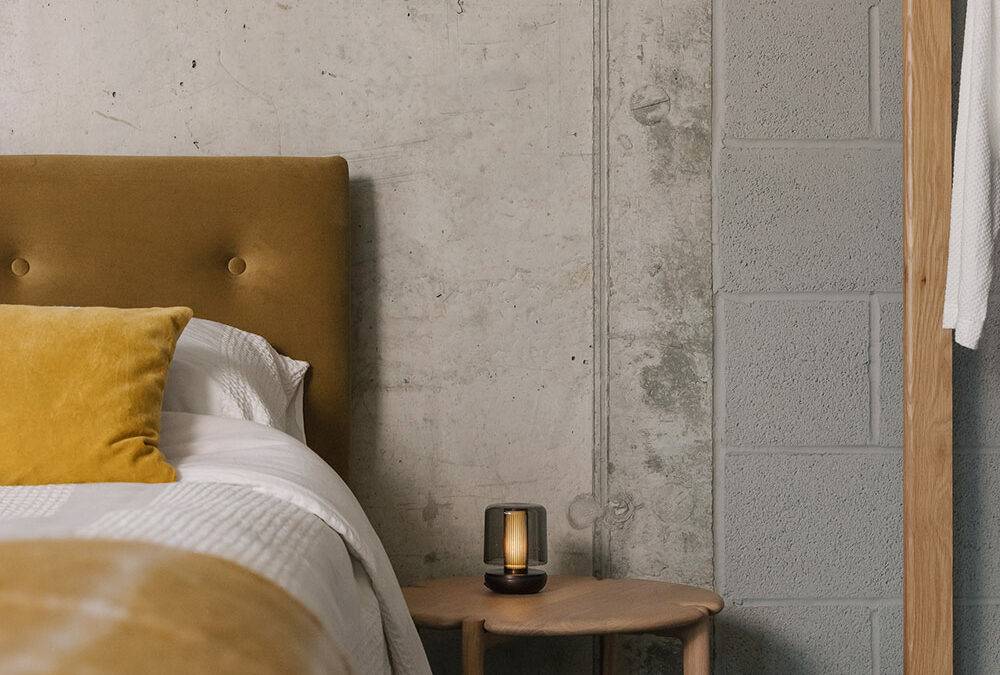 firefly lamp on Pi table with Bloomsbury bed portrait