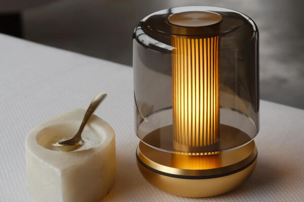 firefly lamp with gold base and smoked shade