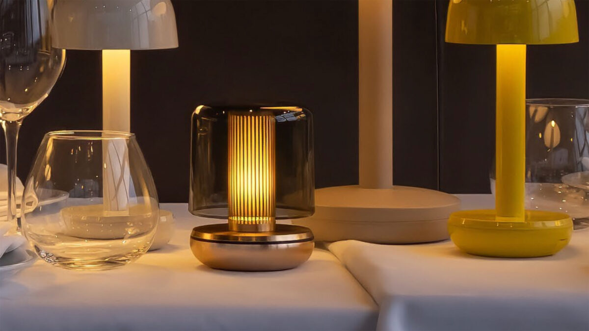 firefly lamp with smoked shade and warm gold base